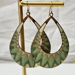 Teardrop Drop Earrings Women Green Gold Enamel Geometric Boho